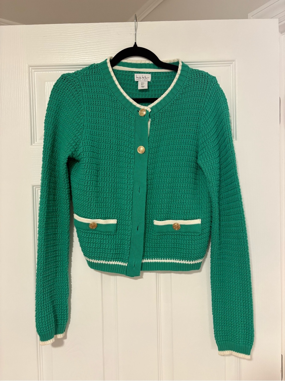 Nicole Miller Emerald Green Knit Cardigan with Cream Trim